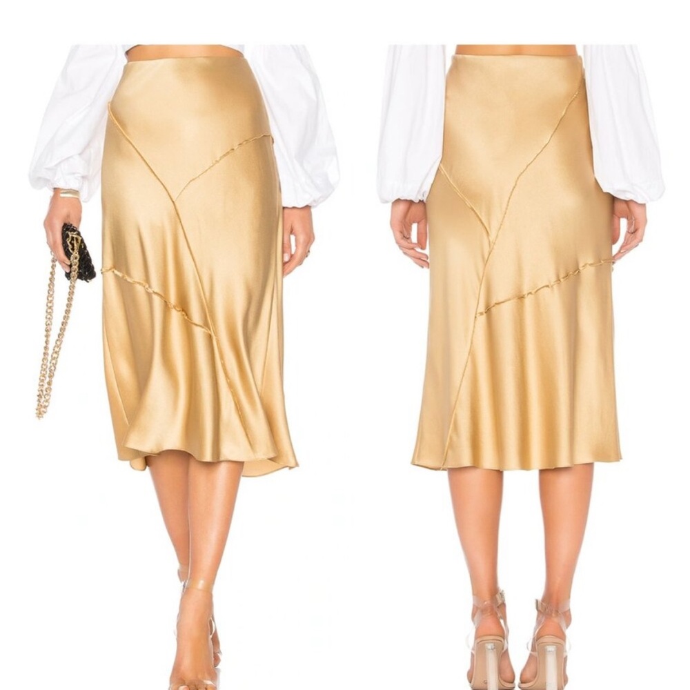 Vince Raw Bias Cut Satin Silk Slip Midi Skirt in Gold Tan Women's XS